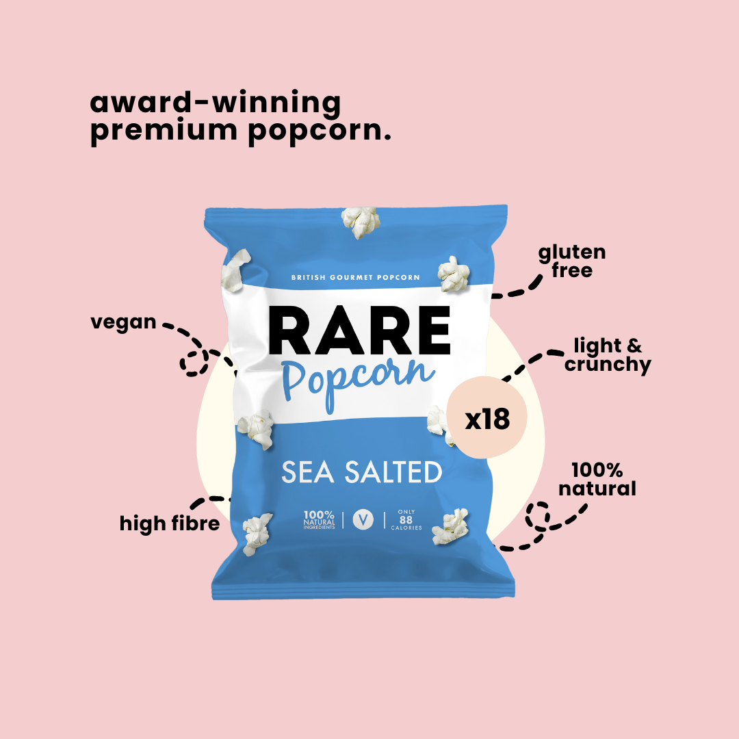 RARE Popcorn - Venta al por mayor Palomitas de maíz - Caja de 18 paquetes de palomitas RARE con sal marina | Veganas y naturales1