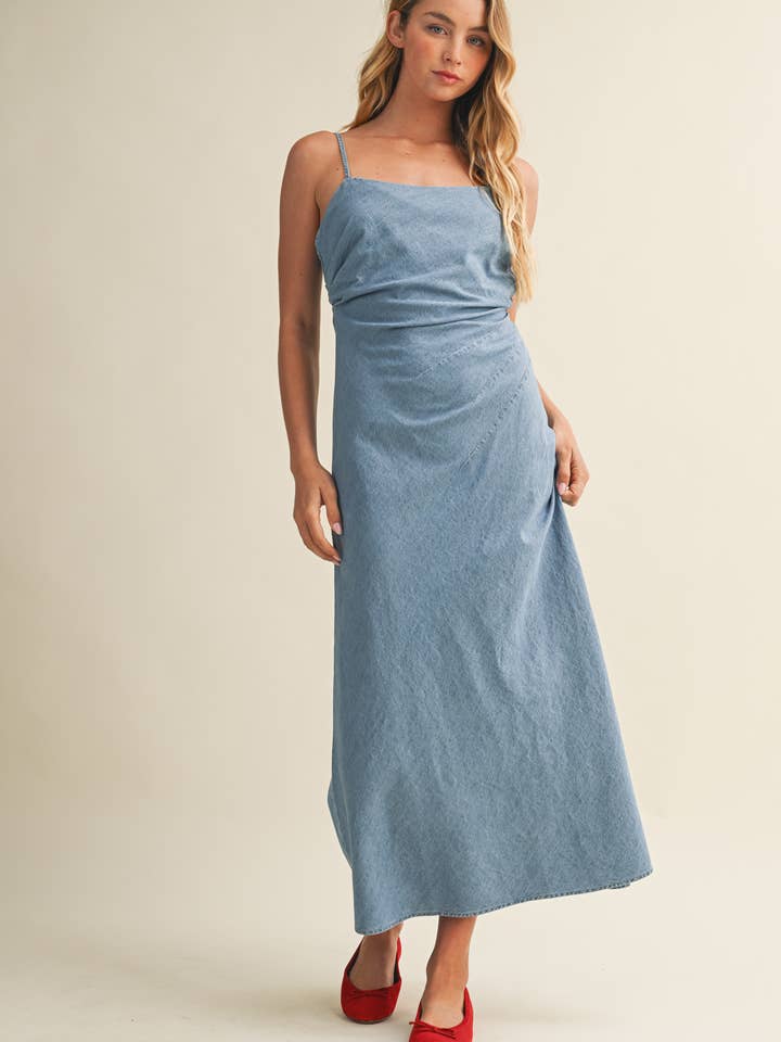 SLEEVELESS CINCHED-WASIT MAXI DENIM DRESS for wholesale by Mustard Seed