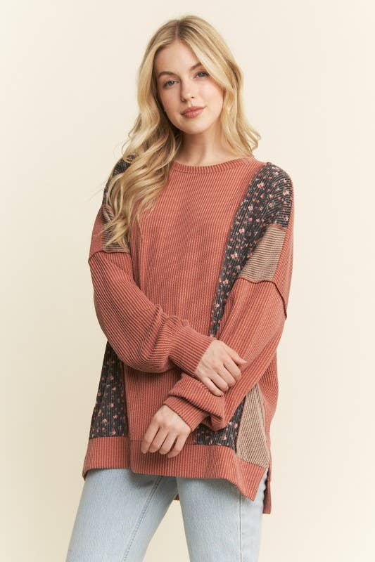 HEIMISH – wholesale Tunic – Women’s – ET7988-11 SOLID AND FLORAL URBAN RIB CONTRAST TOP5