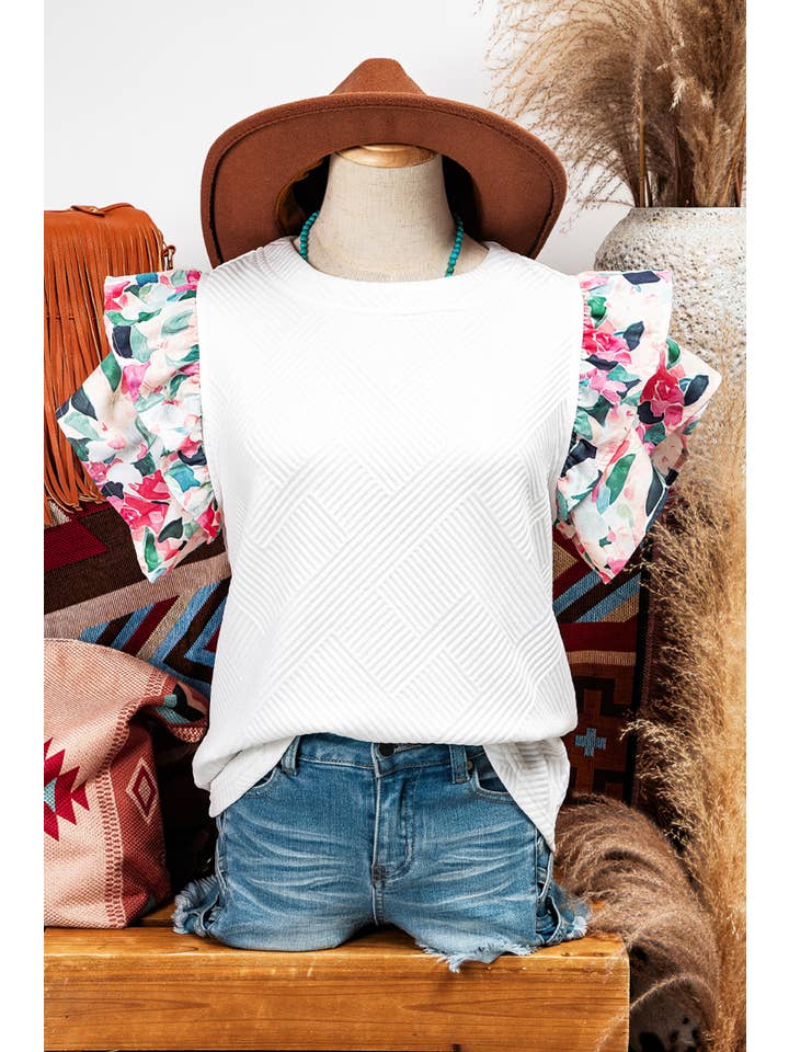 As shown Fashion-W Abstract Tiered Ruffled Sleeve Textured Knit Top for wholesale on Faire