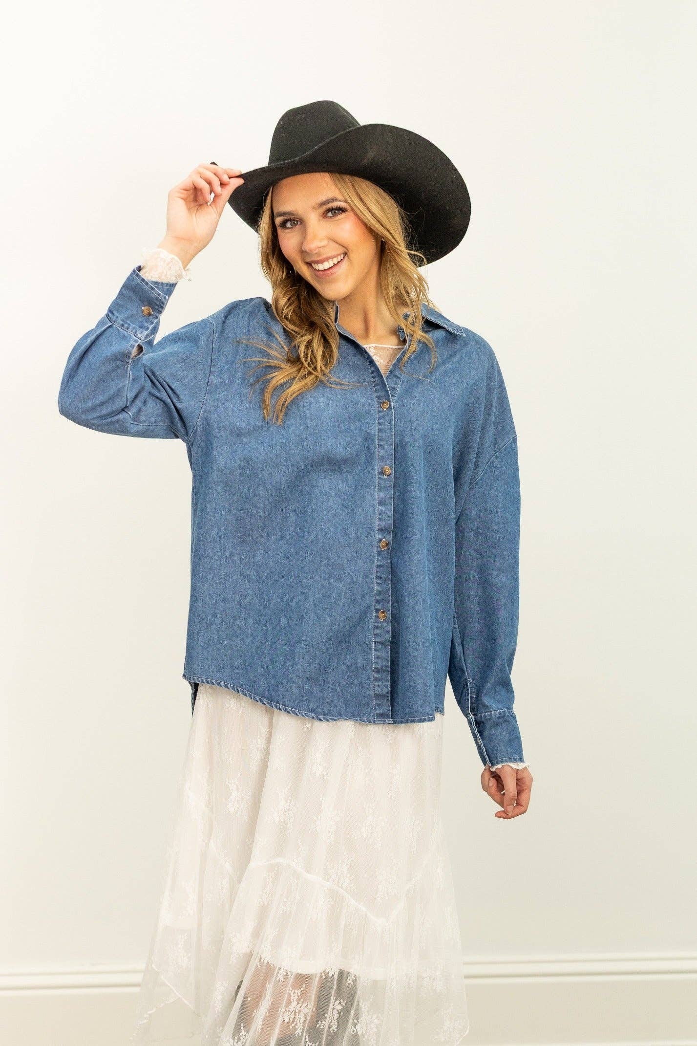 Blue Kathryn Classic Button-Up, Chambray for wholesale on Faire2