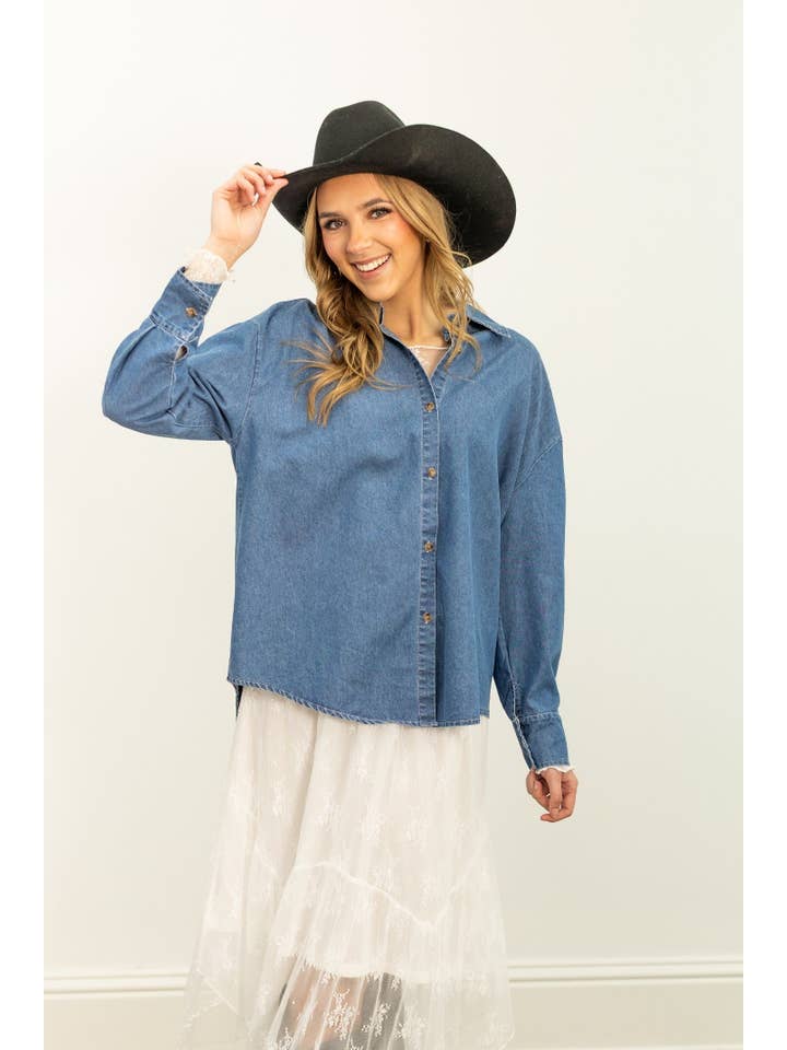 Blue Kathryn Classic Button-Up, Chambray for wholesale on Faire2