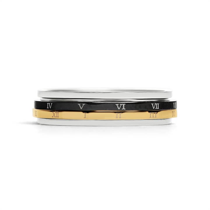 WJW - Wholesale Band/Stacked Ring - Roman Numerals Gold Black Spinner Stainless Steel Ring
