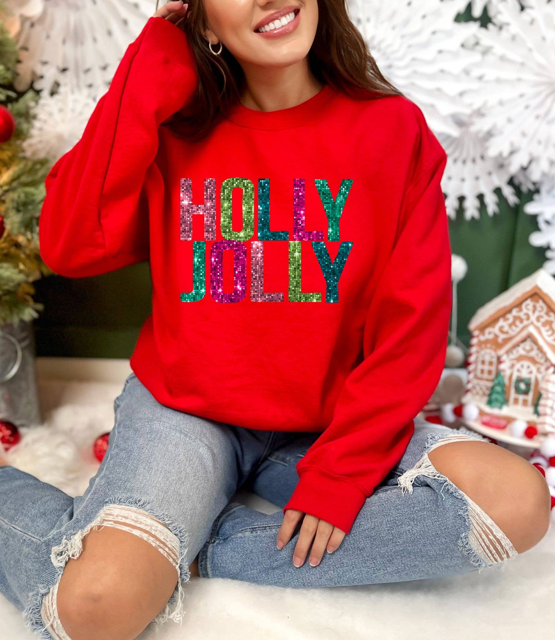 Nu Kustomz LLC - – Großhandel Sweatshirt mit Grafikdruck – Damen – *HOLLY JOLLY* WEIHNACHTS-SWEATSHIRT MIT RUNDHALSAUSSCHNITT*  5