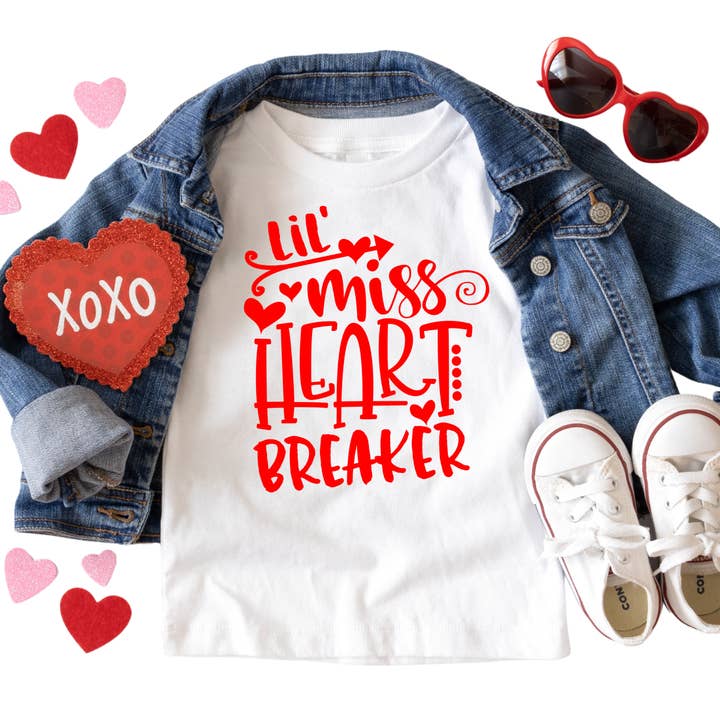 Epic Life - Designed - Wholesale Screen Printed T-Shirt - Kids - Lil' Miss Heartbreaker Shirt - Baby, Toddler, Youth Sizes - Cute Valentine’s Day Outfit - Heartbreaker Graphic Tee for Girls