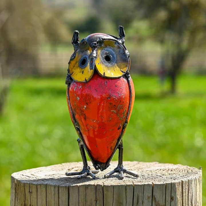Swahili | AFRICAN MODERN - Wholesale Sculpture - Small Colorful Recycled Metal Owl Sculpture