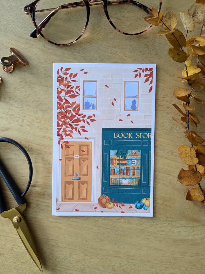 „Boghandel“ postkort for engroshandel hos Mathilde Garcia Illustration