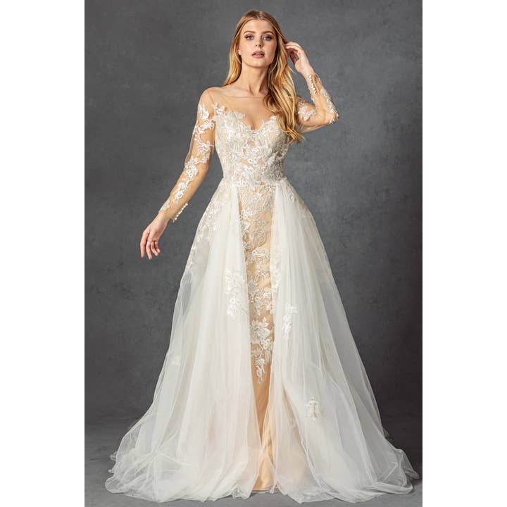 Vestido de Noiva com Sobressaia Transparente de Manga Comprida em Linha A por atacado de Babyfox Apparel