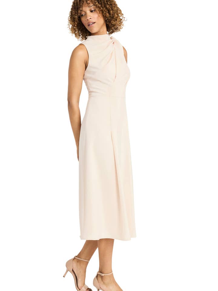 MOCK NECK FLARED MIDI DRESS W/ DRAPED SHOULDER for wholesale by Maggy London Group