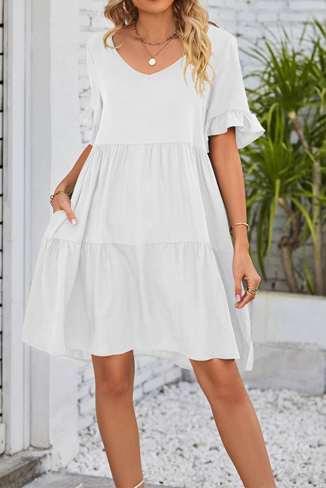 UNISHE - Vendita all'ingrosso Vestito - Donna - Abito A Balze Con Volant Con Scollo A V Semplice E Tasche MD0384