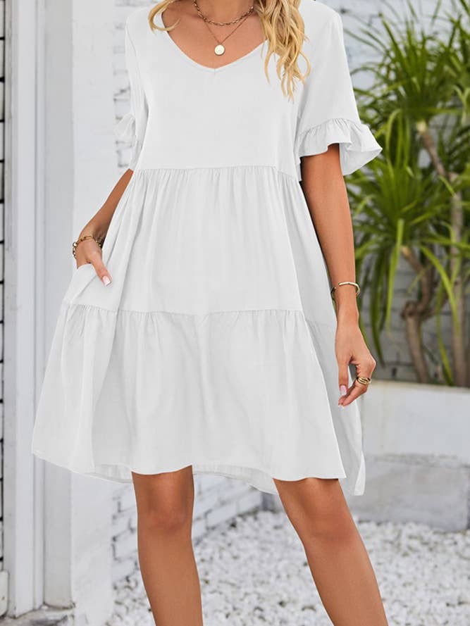 UNISHE - Vendita all'ingrosso Vestito - Donna - Abito A Balze Con Volant Con Scollo A V Semplice E Tasche MD0384