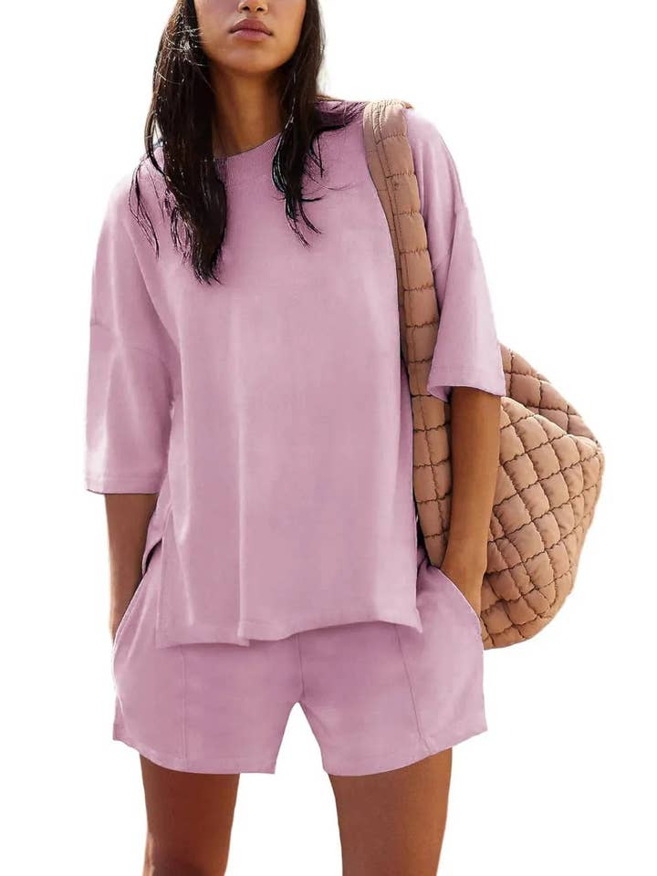 Rosa Clothing - Wholesale Top & Short Set (NOT Loungewear) - Women's - crewneck short sleeve oversized t-shirt & short casual set9