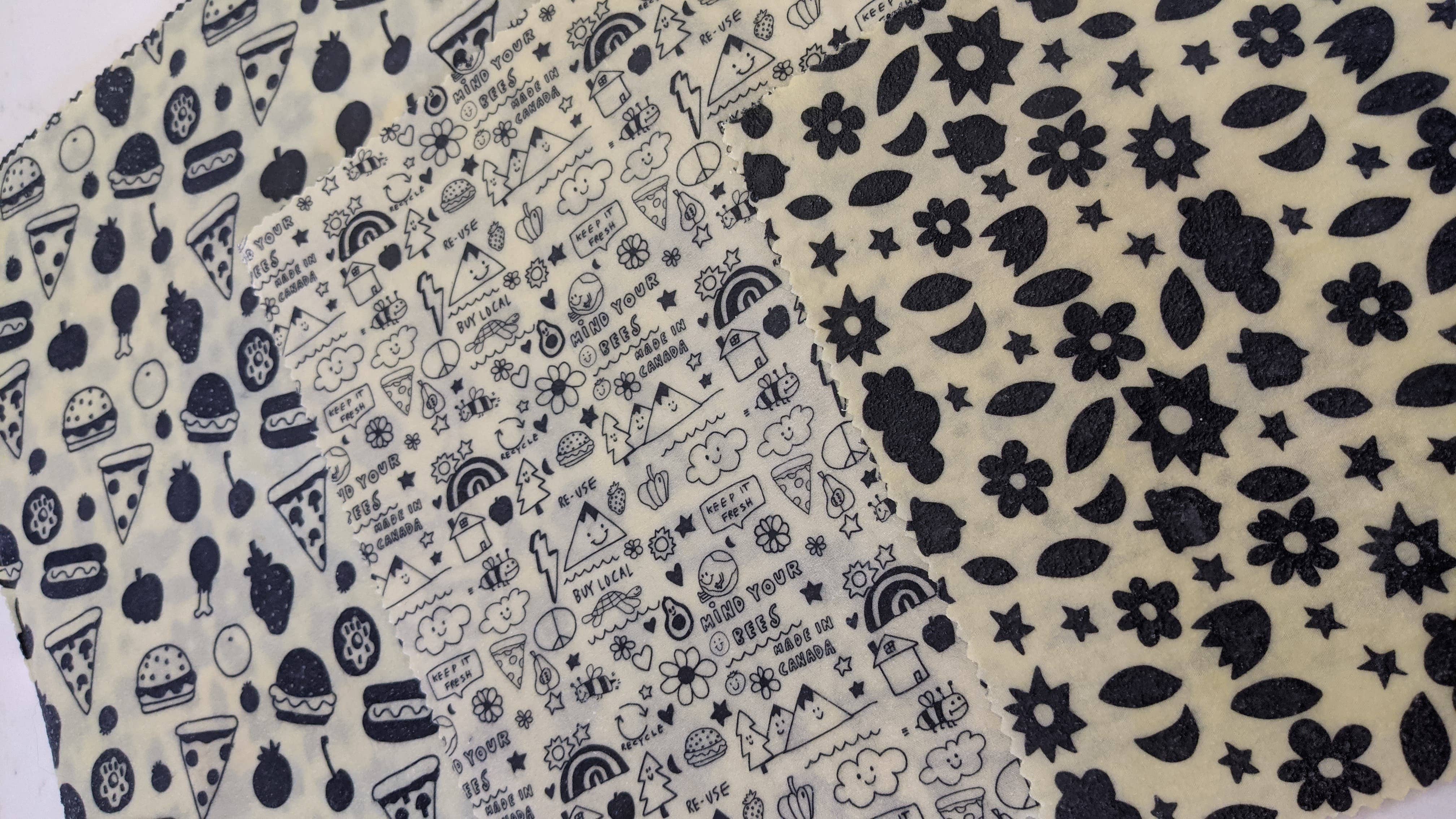 Mind Your Bees Handmade Wraps - Vendita all'ingrosso Involucro/sacchetto per alimenti - Impacchi alimentari in cera d'api - Set Sm o Lg (stampa scarabocchi)2