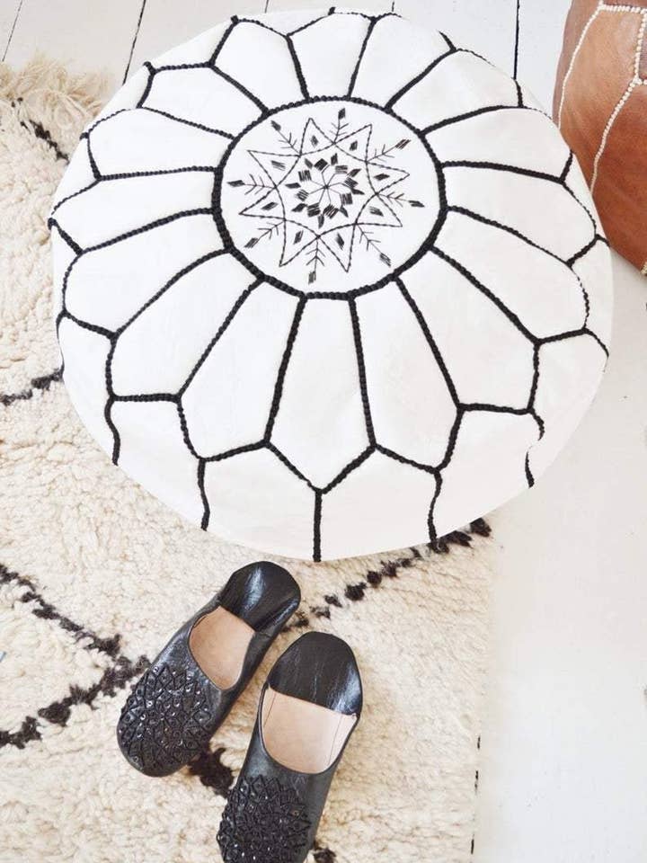 Moroccan Leather Pouf - White with Black Stitching for wholesale by wowheritage