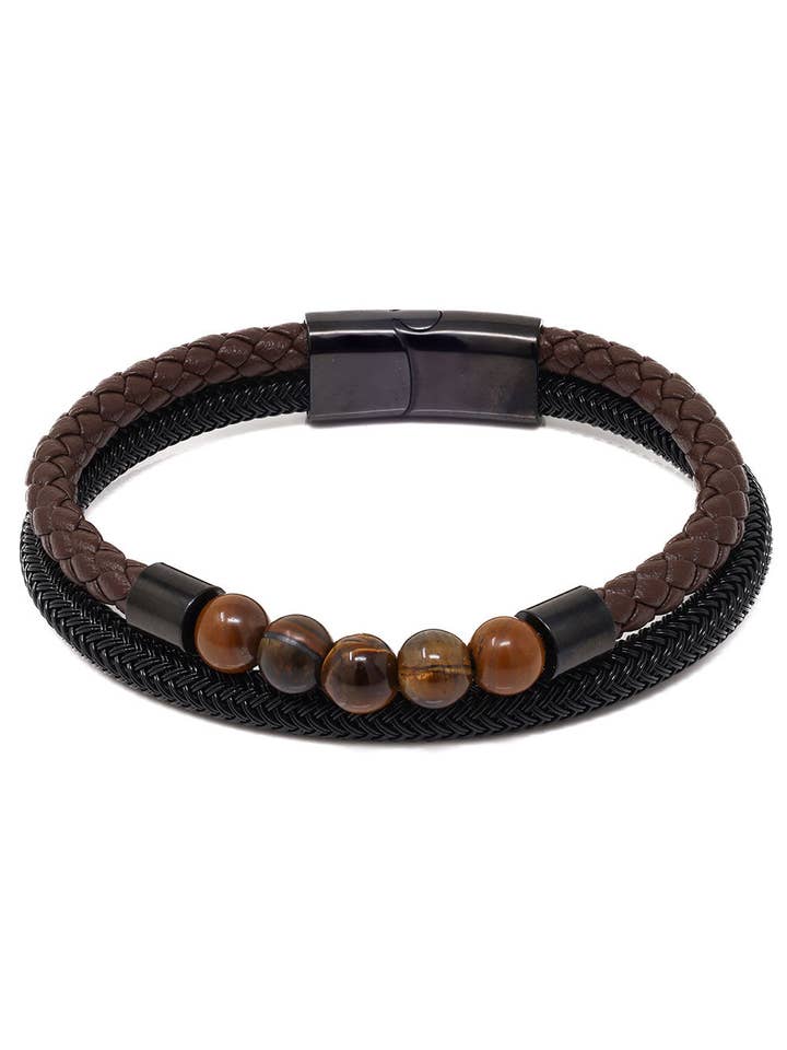 Pulseiras Unissex em Pedra Obsidiana em Couro Trançado 4BMS04 por atacado de BARABAS