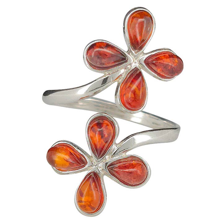 Bague ajustable en forme de fleur en argent sterling ambré pour la vente par Amberman