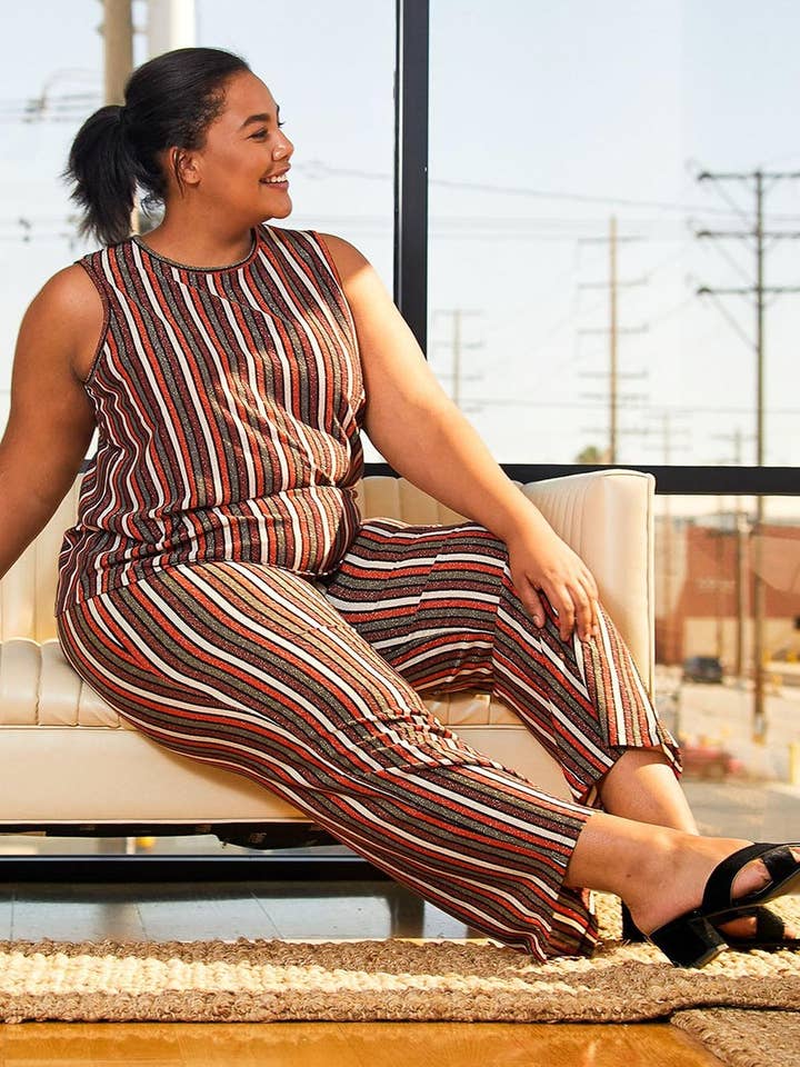 Pleione Plus Size Women's Multi Stripe Printed Wide Leg Pants for wholesale on Faire1