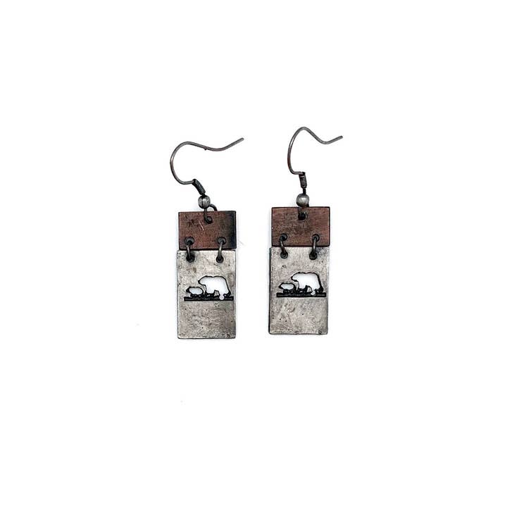 Anju Jewelry – wholesale Dangle earrings – Pewter Earrings - Mama Bear and Bear Cub in Rectangle
