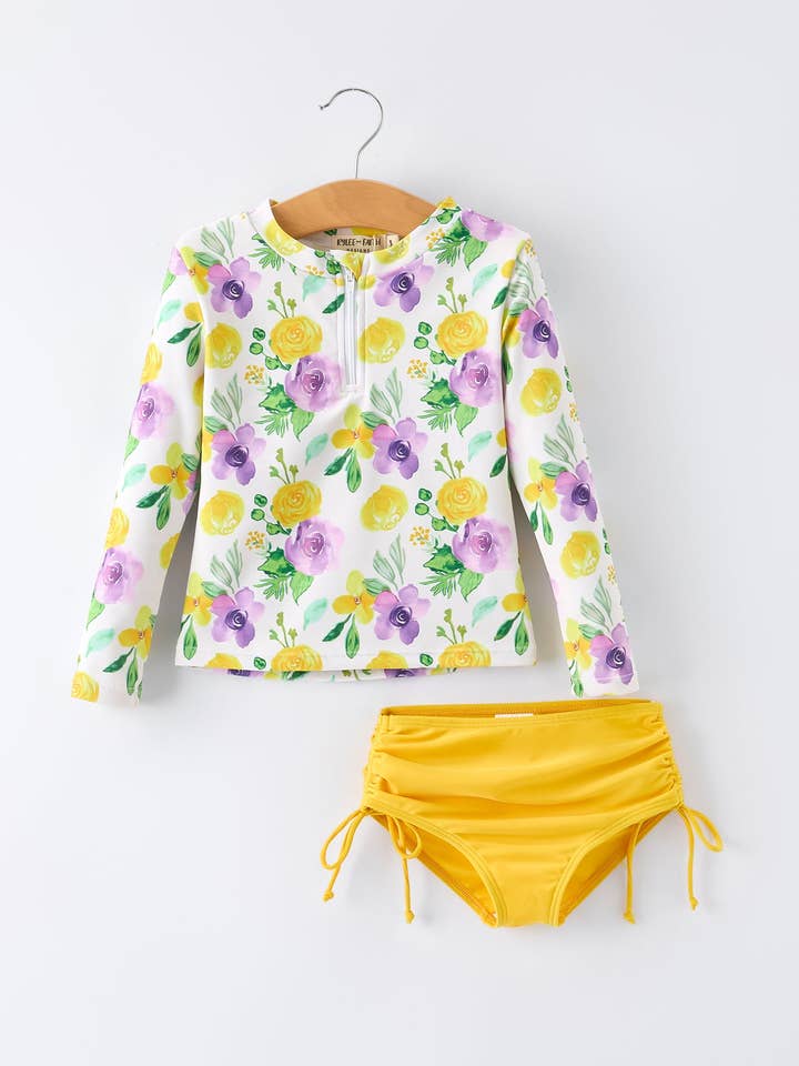 Conjunto de baño de manga larga para niñas con estampado floral amarillo verano para venta al por mayor de Rylee Faith Designs