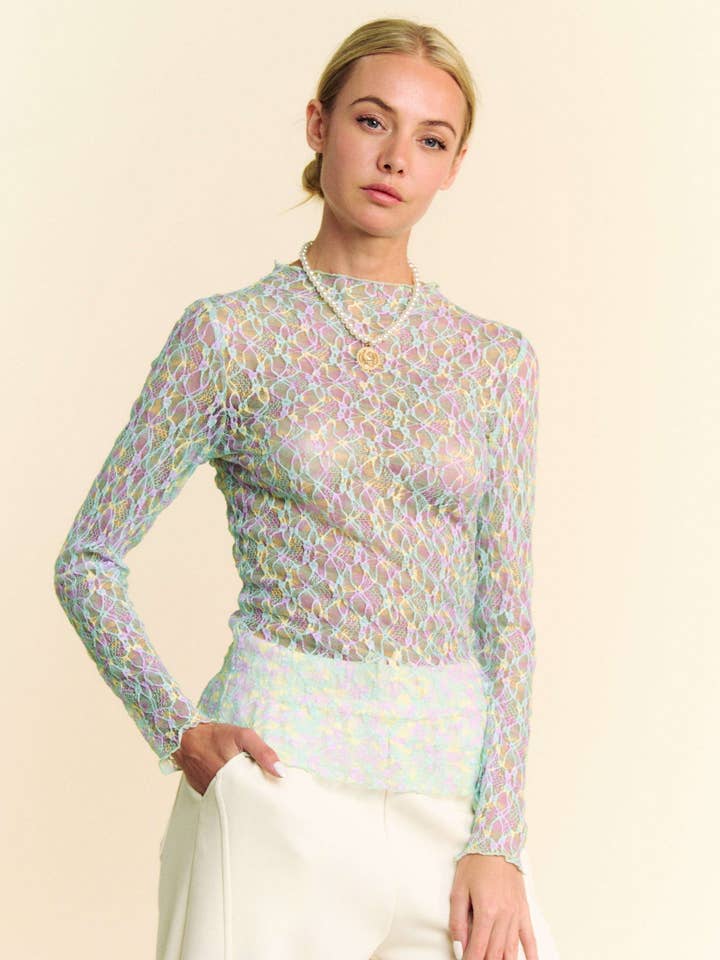 MULTI PRINTED LOOSE TURTLE NECK LACE MESH TOP for wholesale by Davi & Dani