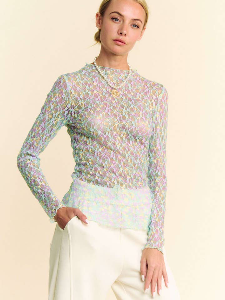 TOP HOLGADO DE MALLA DE ENCAJE CON CUELLO DE TORTUGA CON ESTAMPADO MÚLTIPLE para venta al por mayor de Davi & Dani