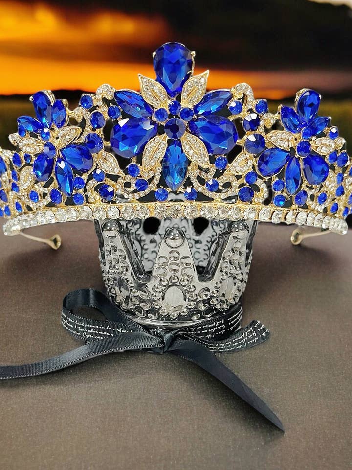 Blue Crystal Tiara, Gold Prom Tiara, Quinceanera Crown for wholesale by Happy Dream Gifts