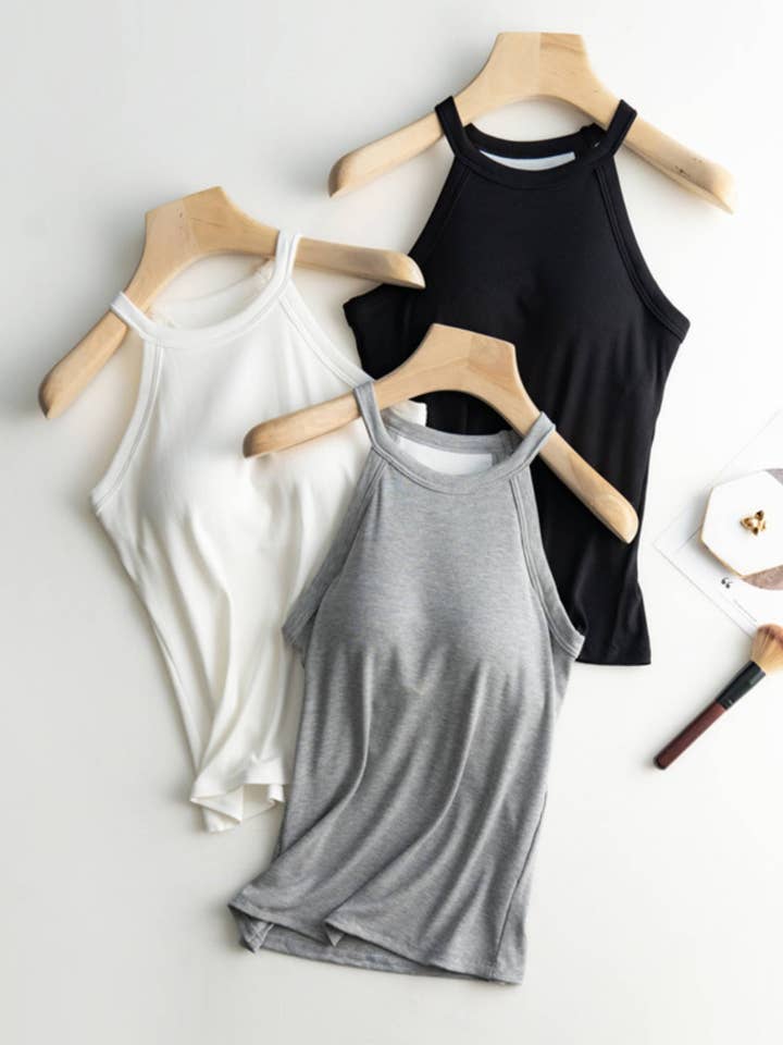 regular basic halter neck shelf bra rib tank top for wholesale by Rosa Clothing