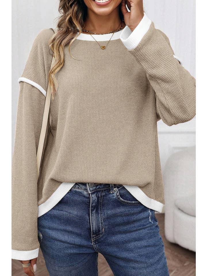 66DISCO - Wholesale Knit Top - Women's - 66Contrast Trim Knitted Drop Shoulder Plus Size Top (S-XL)1