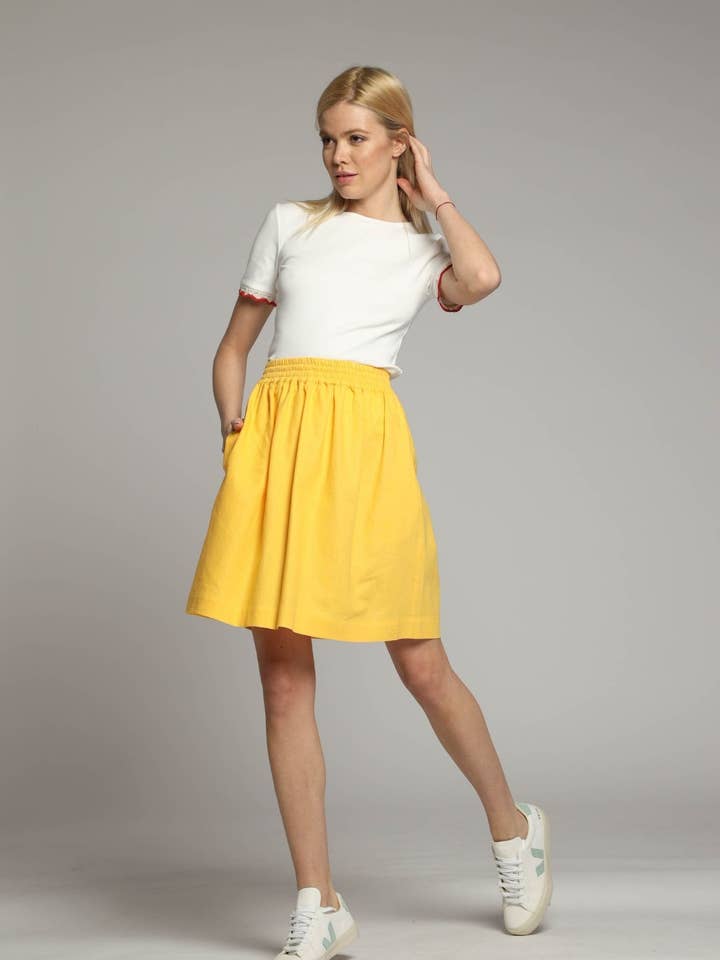 Corfu floaty short linen skirt in yellow for wholesale by Truly Linen