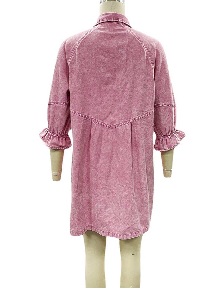 HIDDENBRAND - Wholesale Dress - Women's - Balloon sleeve denim shirt mini dress23