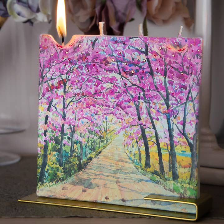Flat Handmade Candle-Square Pink Tree Blossoms Walkway for wholesale by Flatyz Candles
