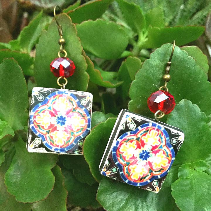 Boucles d'oreilles pendantes carrées portugaises pour la vente par LUSO TILES JEWELRY