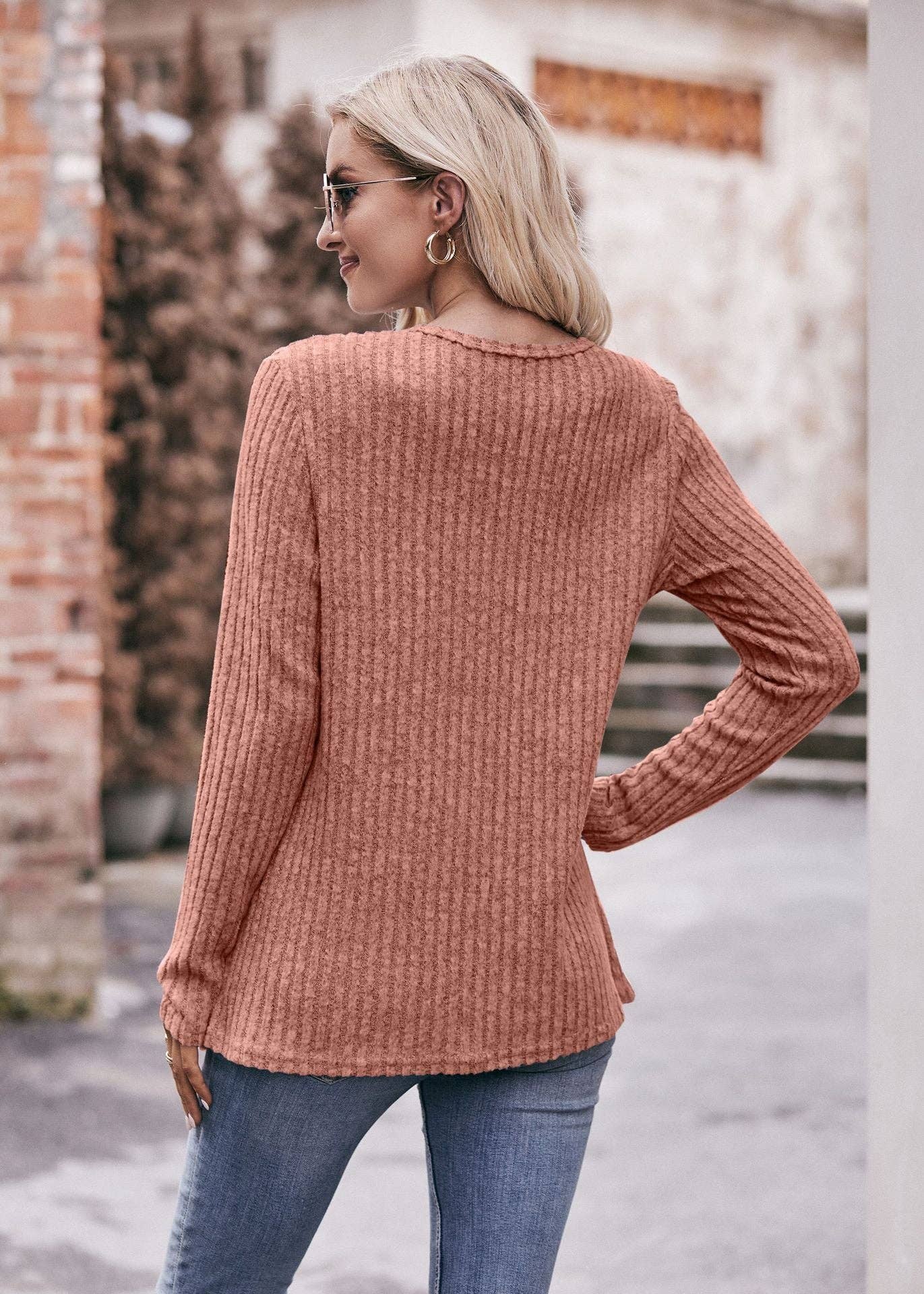 Lovesoft - Wholesale Knit Top - Women's - Round Neck Pit Strip Polished Tulip Hem Solid Color Button T-shirt7