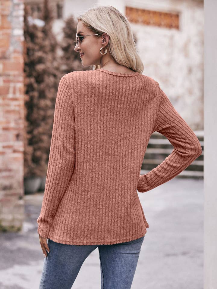 Lovesoft - Wholesale Knit Top - Women's - Round Neck Pit Strip Polished Tulip Hem Solid Color Button T-shirt7