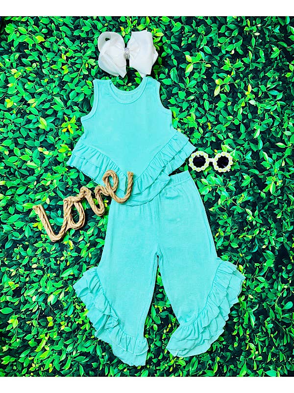 Aqua ruffle top w/flare bottoms set DLH2512 for wholesale by luluclothes