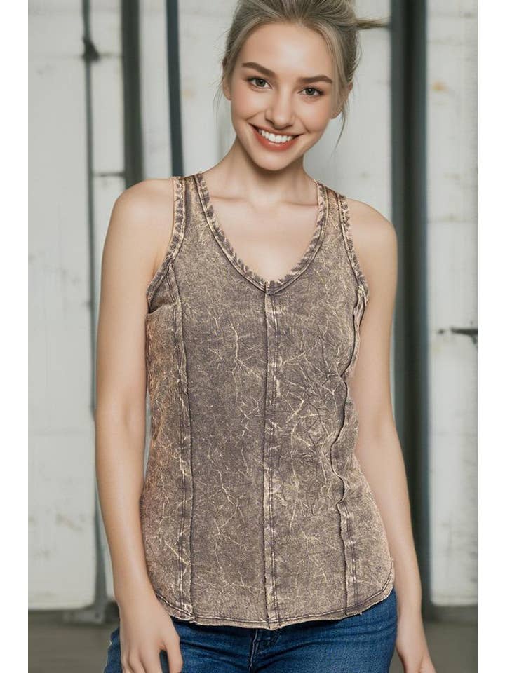 42POPS - Wholesale Tank Top - Women's - `.FRENCH TERRY CRINKLE WASHED RAW EDGE V-NECK SLEEVEL23