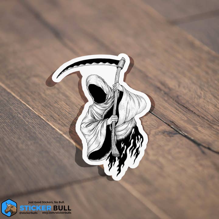 Sticker Bull - Venta al por mayor Pegatina - Pegatina vintage de Grim Reaper en blanco y negro4