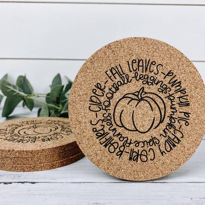 Bonfires, Cider, Fall Leaves, Pumpkin Pie Fall Cork Coasters for wholesale by WT Custom Designs