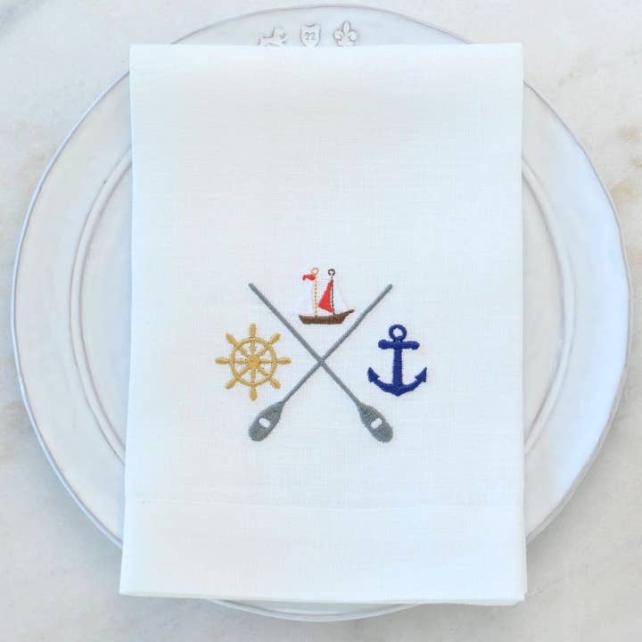 Nautical Crest Tri-Fold Linen Napkin - New for wholesale by Arte Italica & Crown Linen Designs