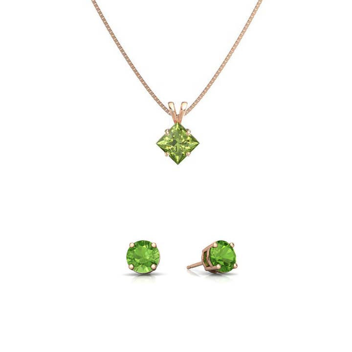 Conjunto Colar de 18 Polegadas em Ouro Rosa 1ct Peridot Princesa Cut 18 Polegadas e Brincos Redondos Banhados por atacado de Paris Jewelry