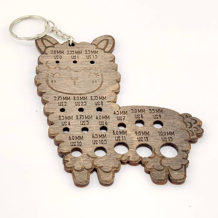 Art by Erica H & Rebel Stitchers - Wholesale Knitting/Crochet Supplies - Alpaca Knitting Needle Gauge Wooden Keychain 3.7 x 4.4" 2
