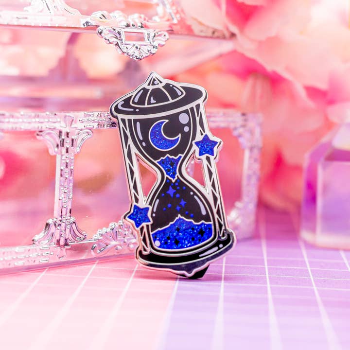 Blue Moon Hourglass hard enamel pin, screen-printed for wholesale by Moonlume