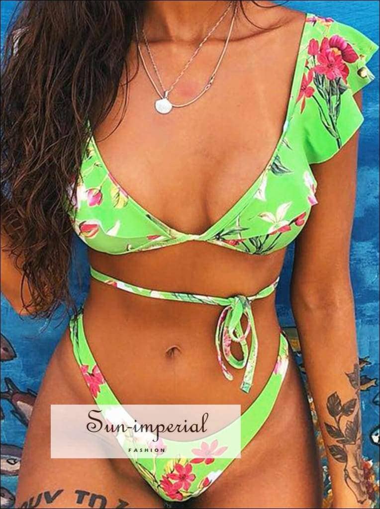 Sun Imperial – Biquíni - Mulher por atacado – Conjunto de biquíni boho vintage com estampa tribal e detalhe de babado7