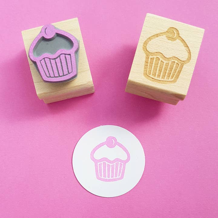 Cherry Cupcake Mini Rubber Stamp for wholesale by Skull and Cross Buns Rubber Stamps