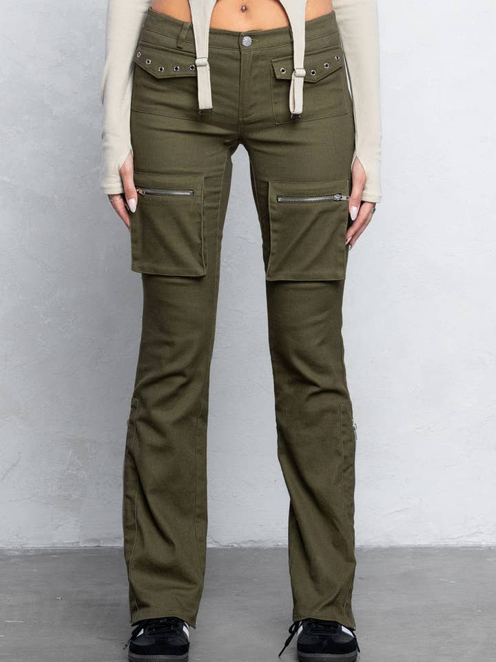 Cargo stretch twill bootcut pants w/ zipper detail for wholesale by No Vacancy