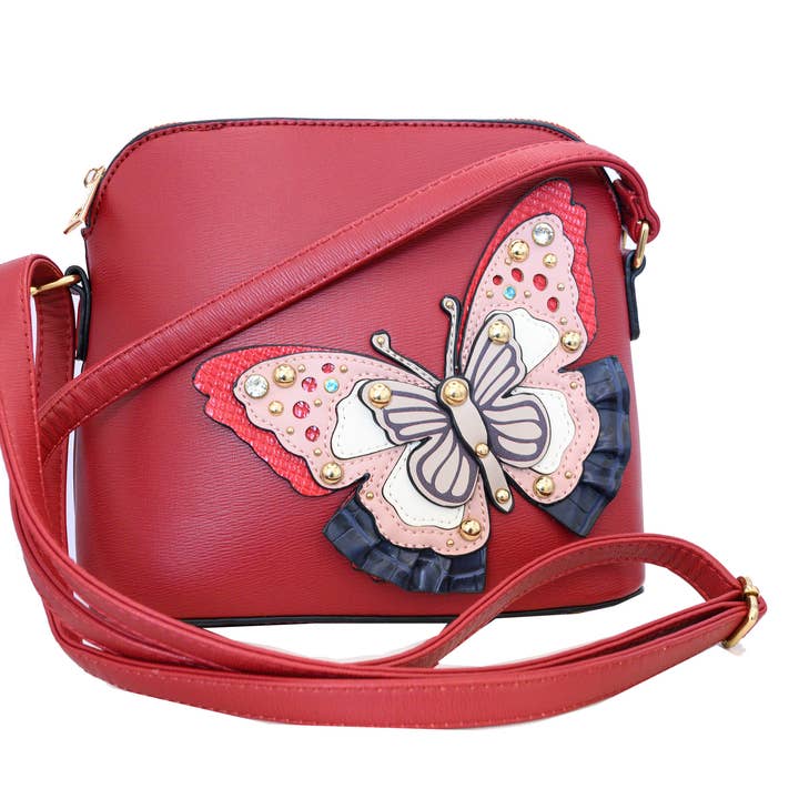 Borsa a mano in pelle vegana rossa testurizzata Alexis con farfalla per la vendita all'ingrosso da parte di Timmy Woods Beverly Hills