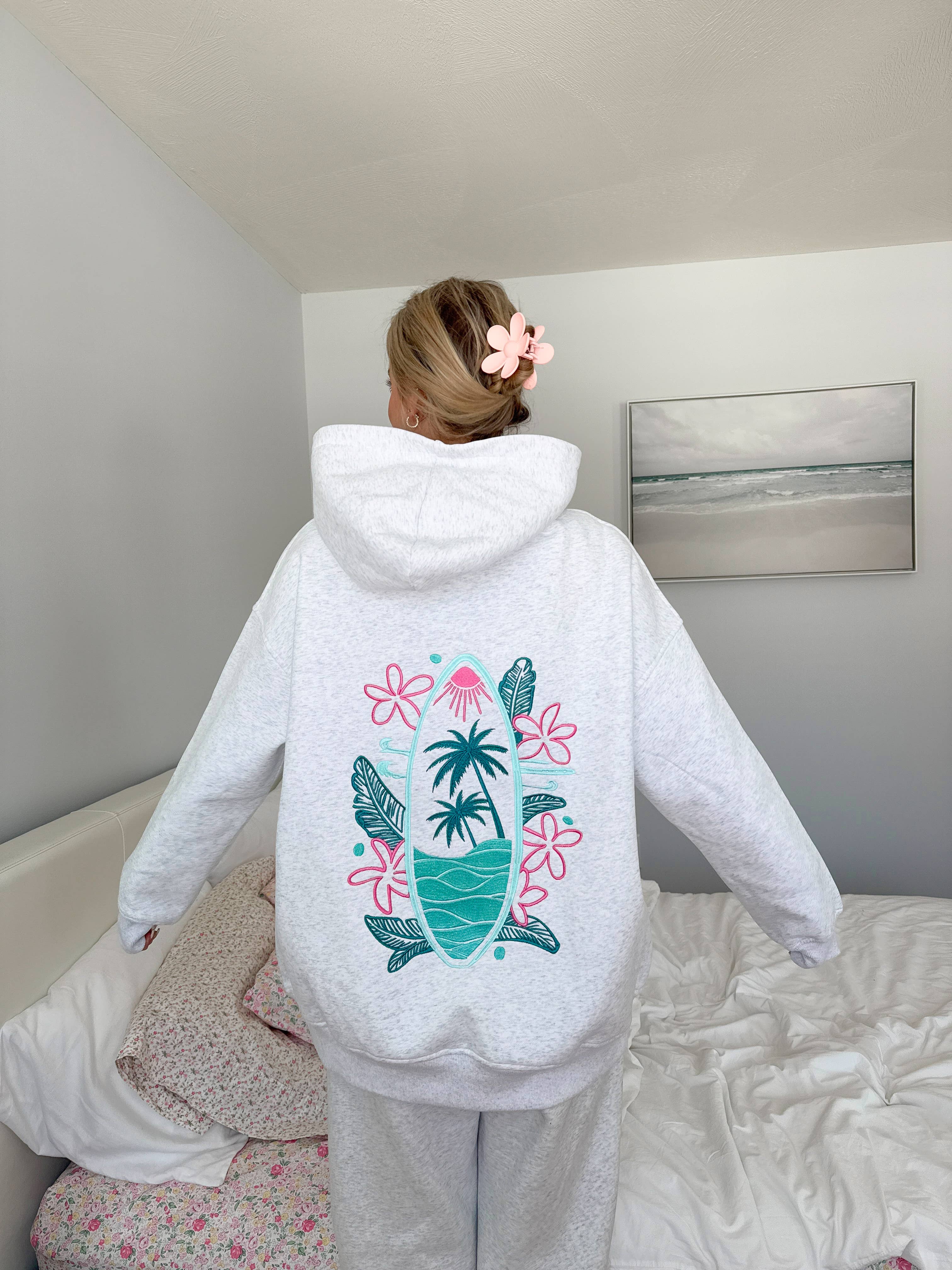 Pearl Grey Surfing The Waves Embroider Hoodie for wholesale on Faire2