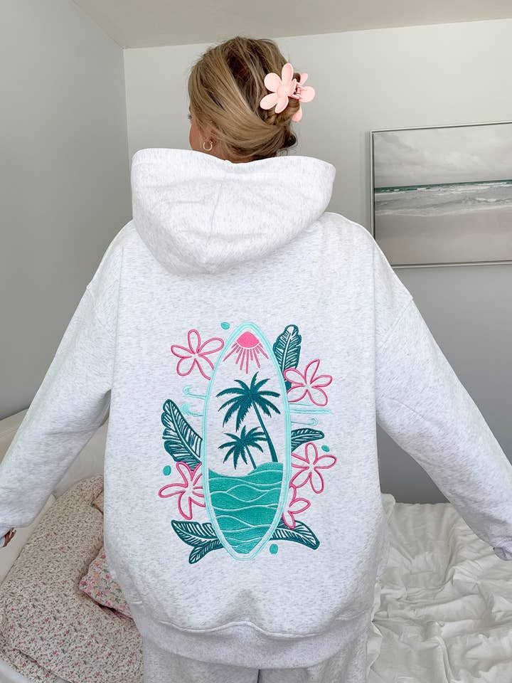 Pearl Grey Surfing The Waves Embroider Hoodie for wholesale on Faire2