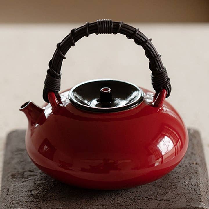 Gohobi Ochre Dream Red Fireplace Teapot – Japanese-Style Coarse Pottery Rattan Beam Kettle for wholesale by Gohobi (We cover U.S. import duties)