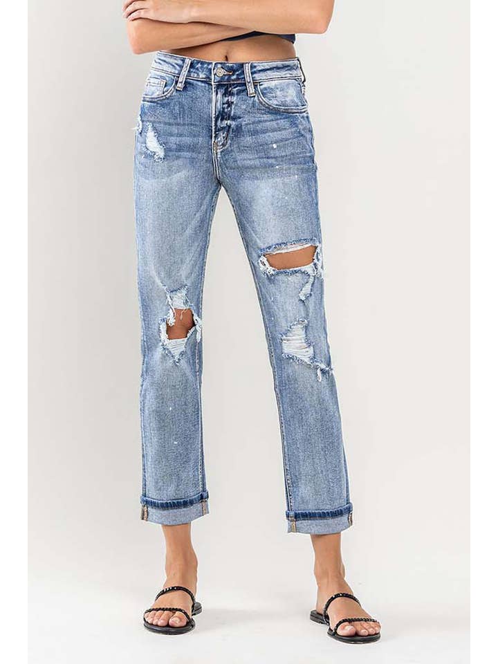 GLAMOROUS HIGH RISE PAINT SPLATTER CUFFED BOYFRIEND JEANS V2787 for wholesale on Faire